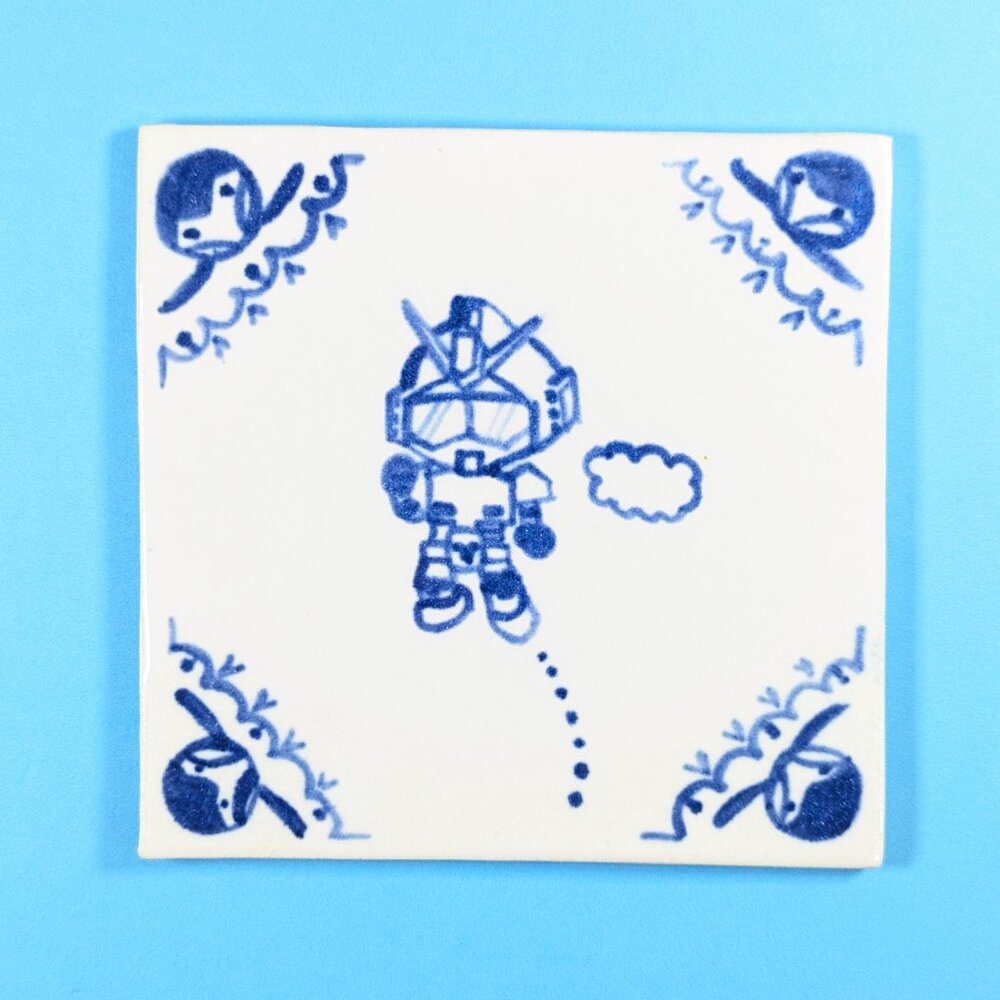 Gundam inspired hand painted Delft Blue tile